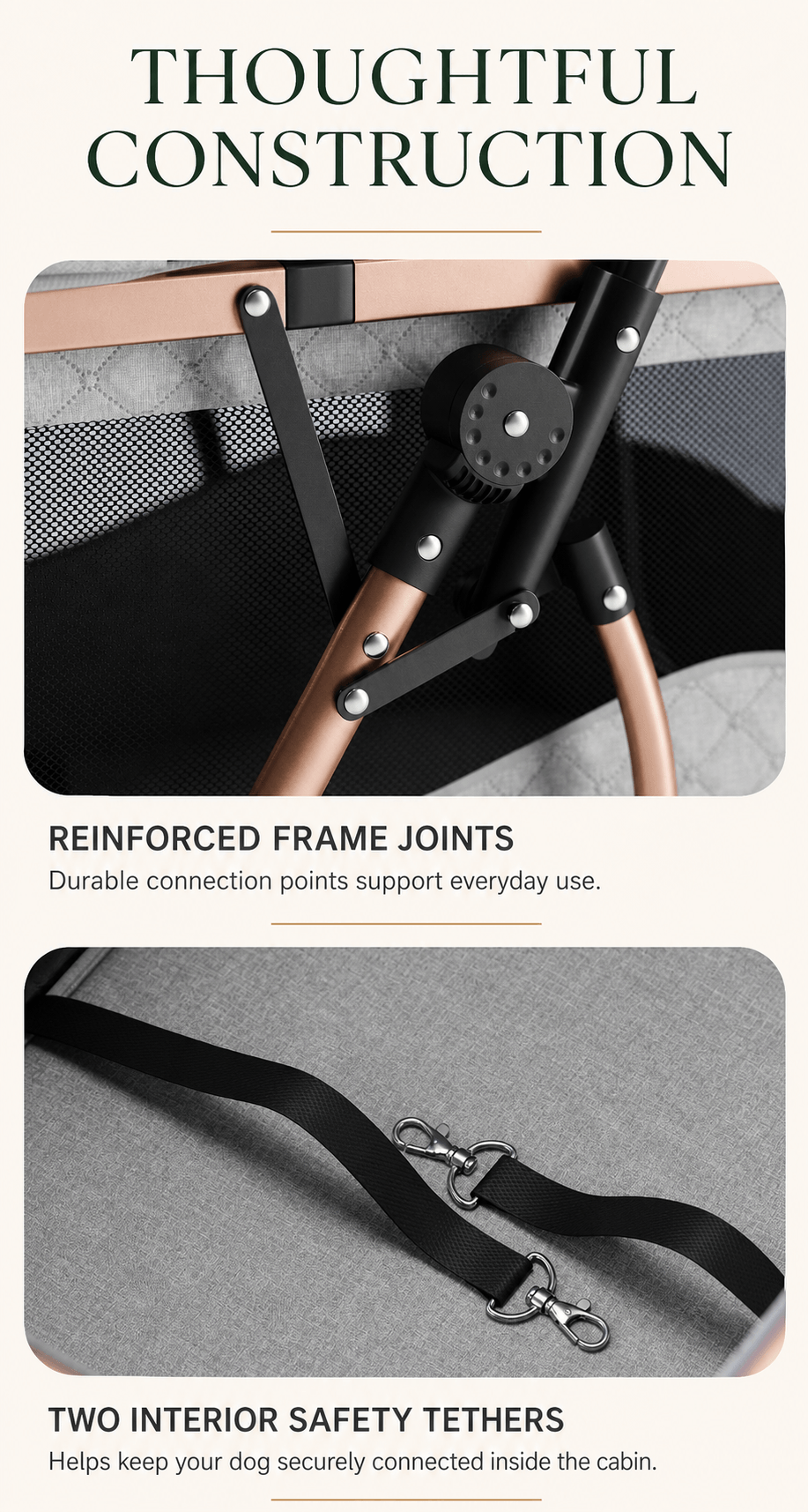 Atlas reinforced frame joints and two interior safety tethers