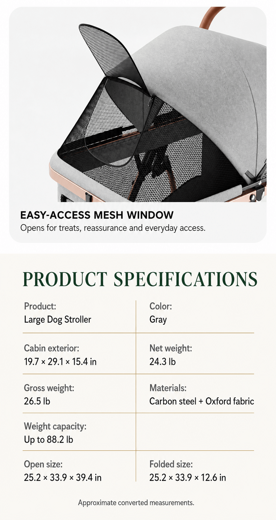 Atlas mesh window and product specifications for a large dog stroller