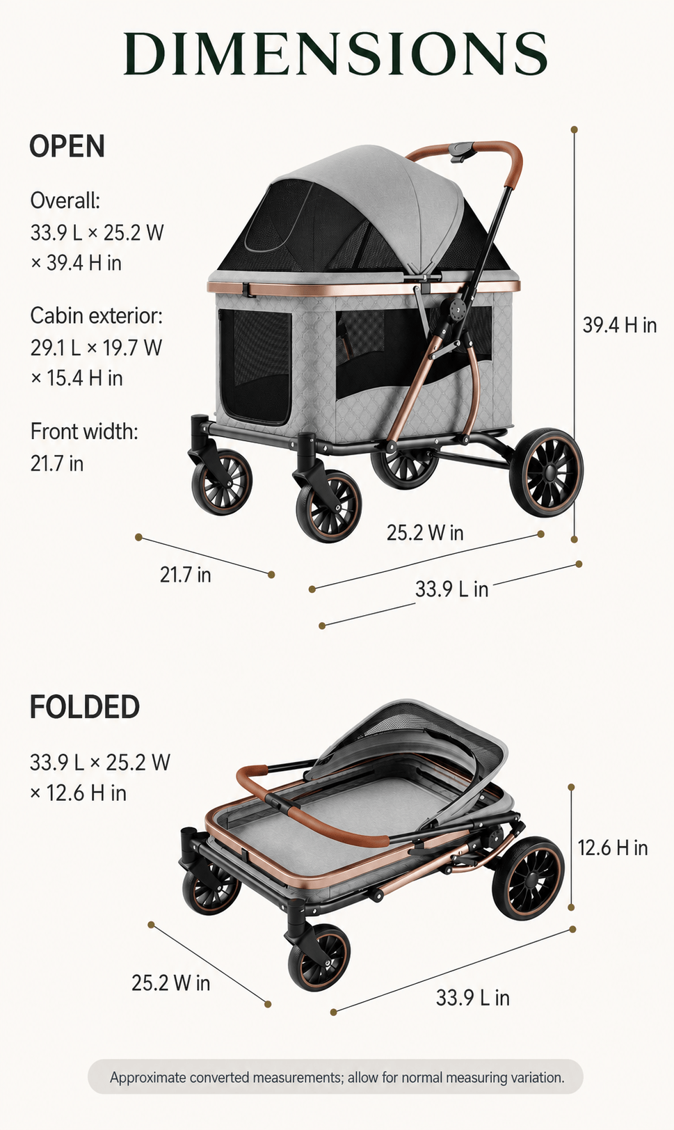 Open and folded Atlas stroller with labeled measurements