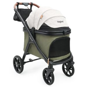 Steadavo Atlas green large dog mobility stroller with cream canopy