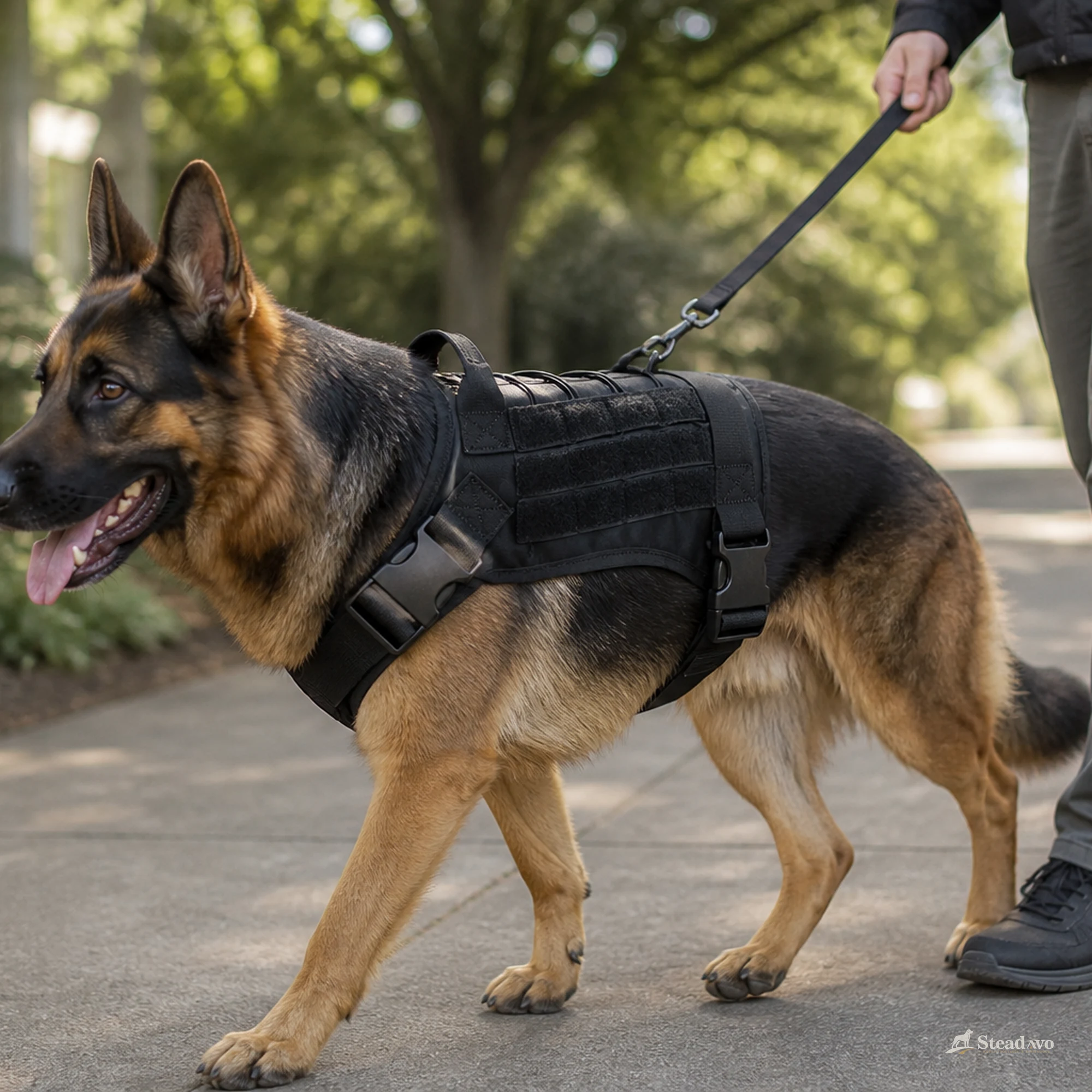 Large dog wearing the black tactical harness on a supervised everyday walk