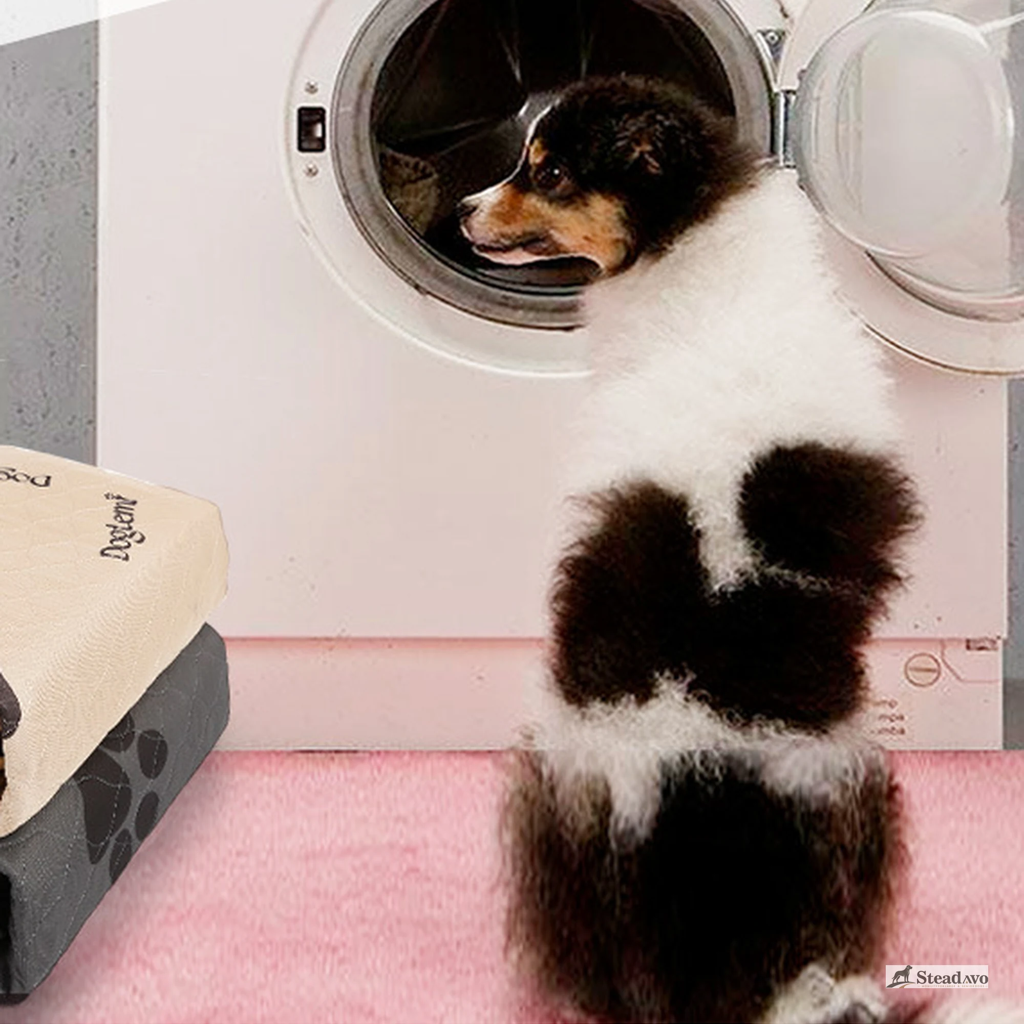 Folded washable dog training pads beside a washing machine