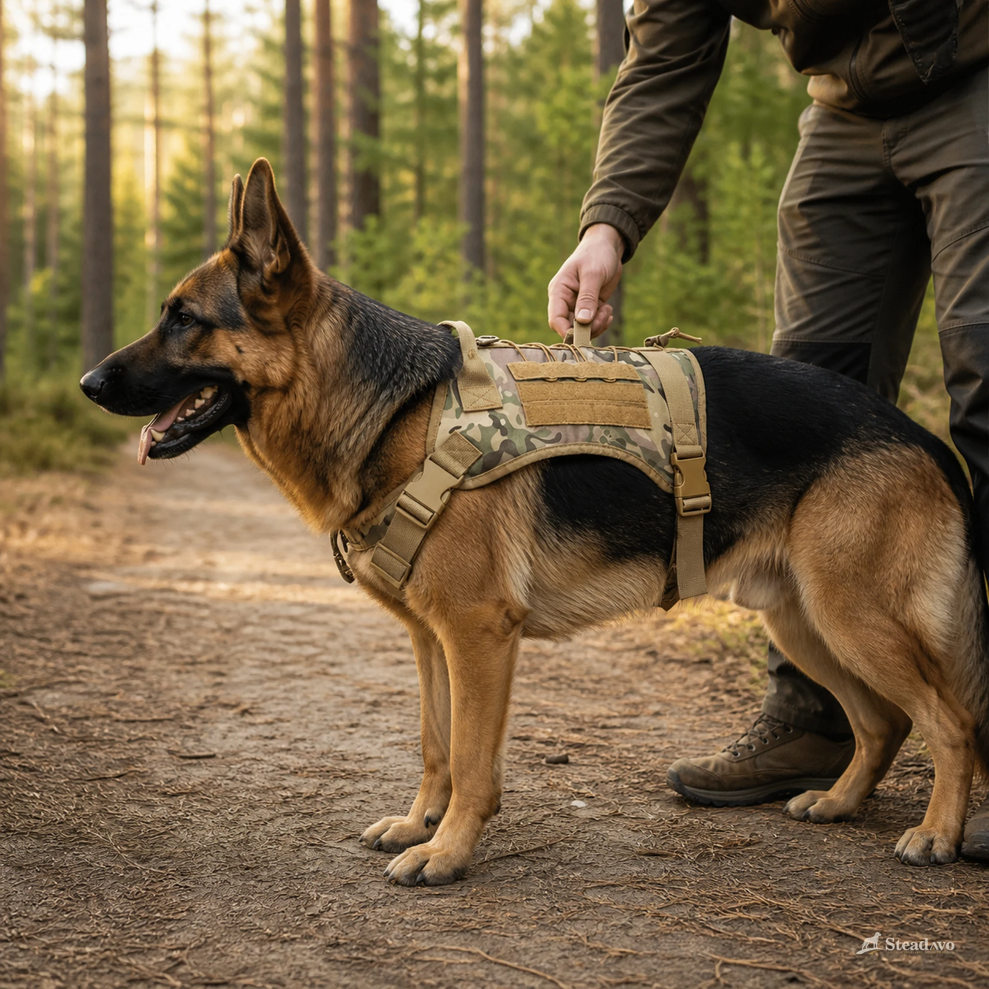 Large dog wearing the khaki CP camouflage tactical harness during a supervised trail fit check