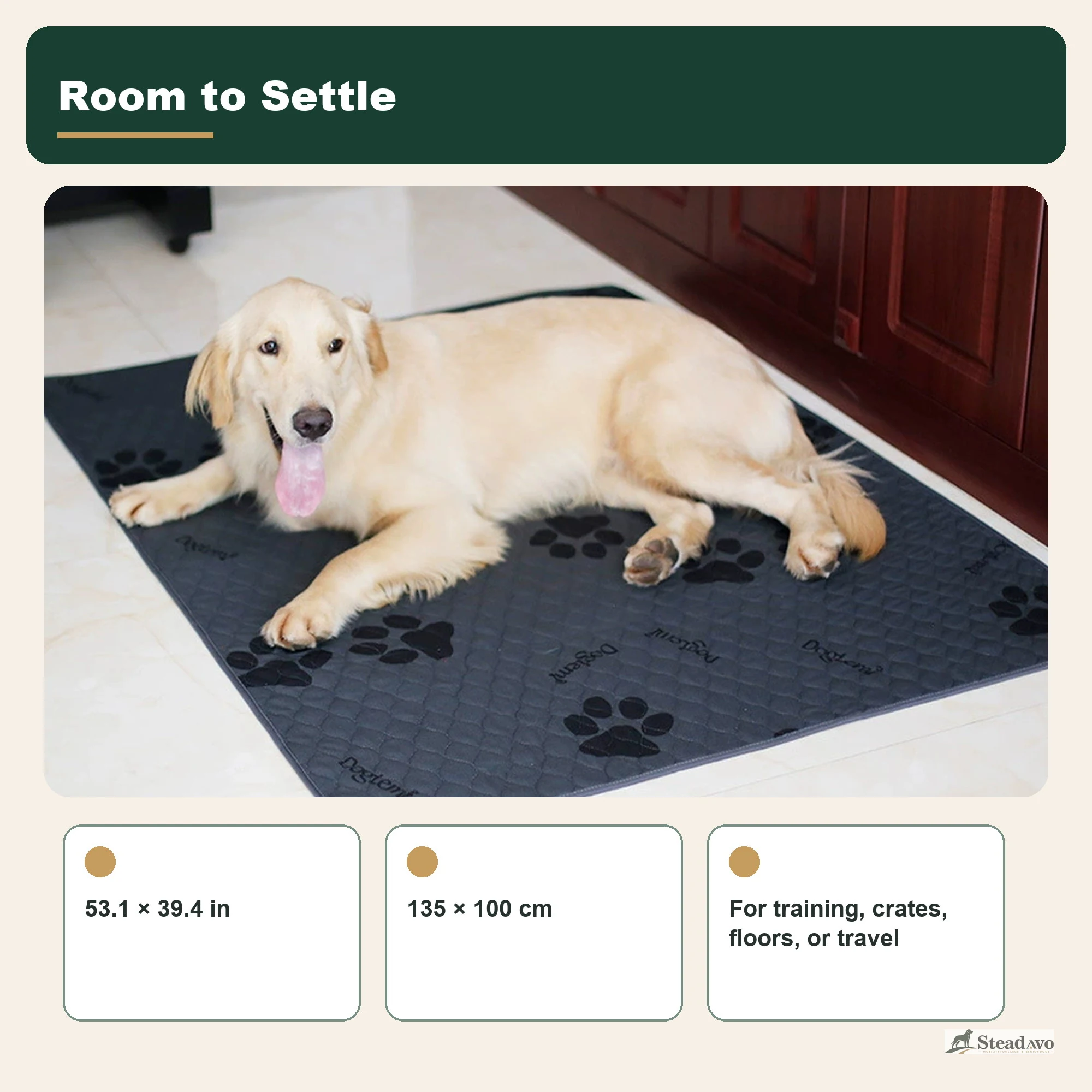 Large washable dog training pad placed by an interior doorway for daily floor protection