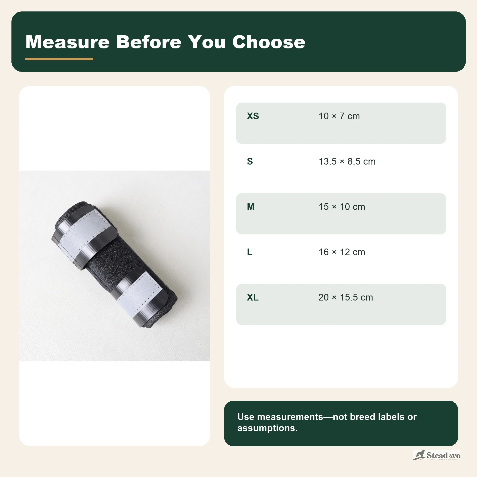 Flat measurements and size selection guide for the reflective dog leg wrap