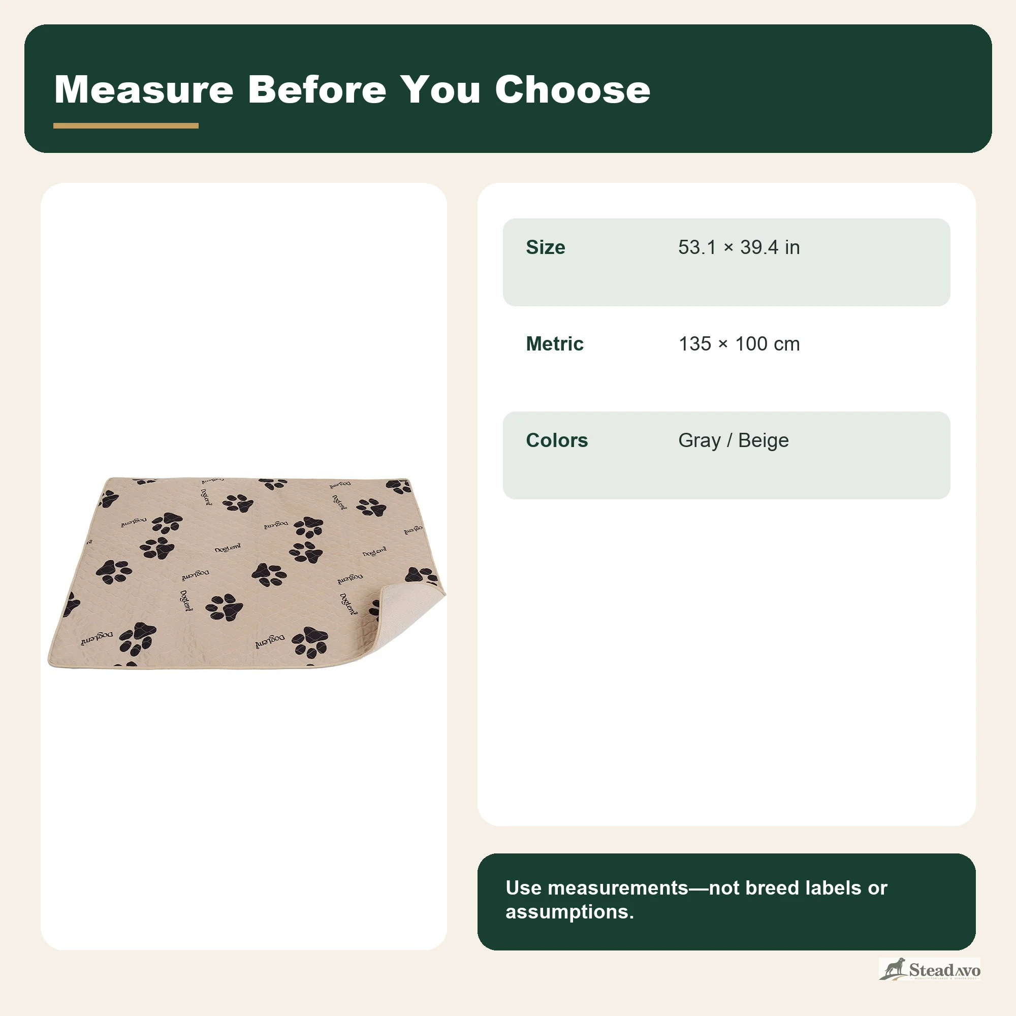 Size and color guide for the washable dog training pad