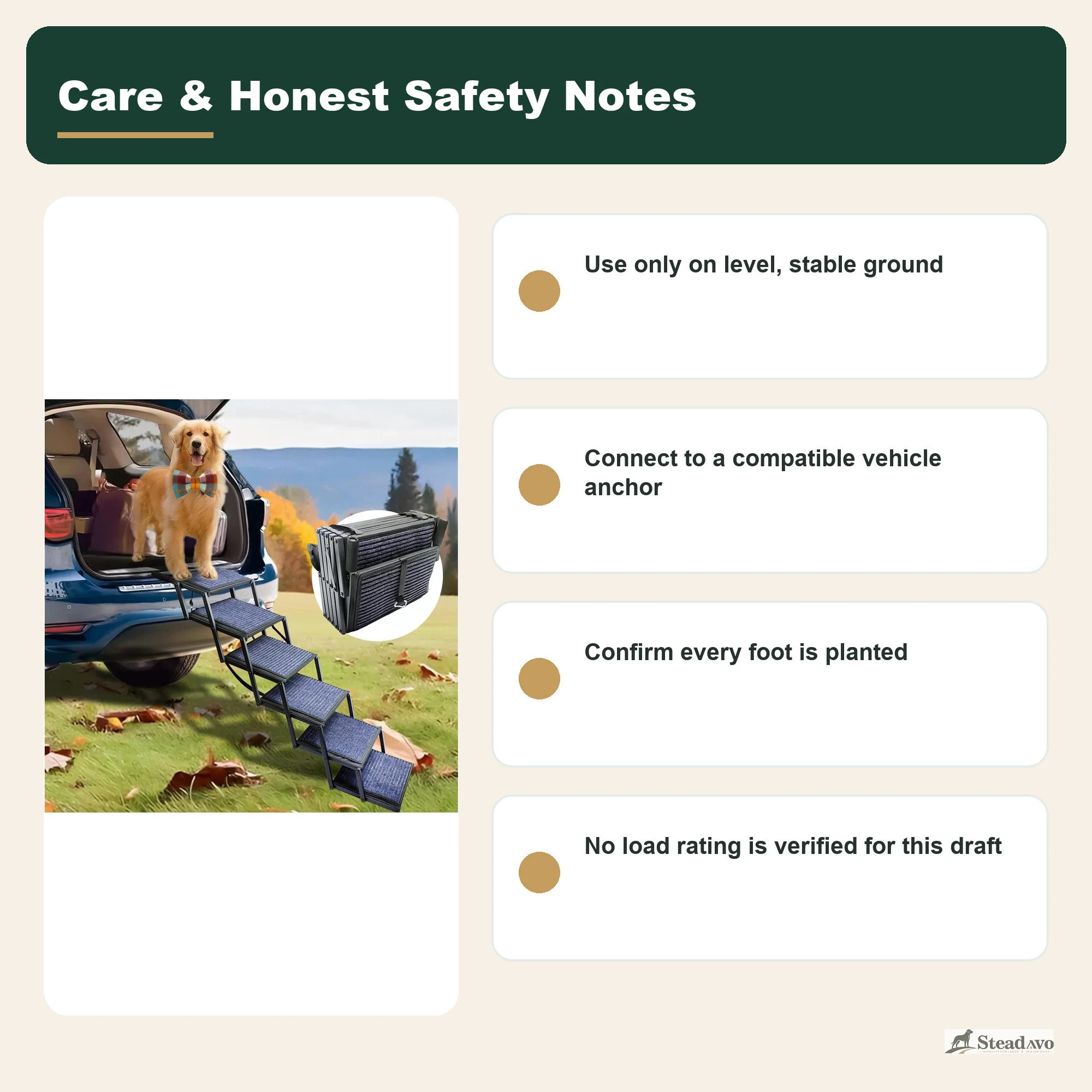 Supervised setup and safety checklist for foldable vehicle dog stairs