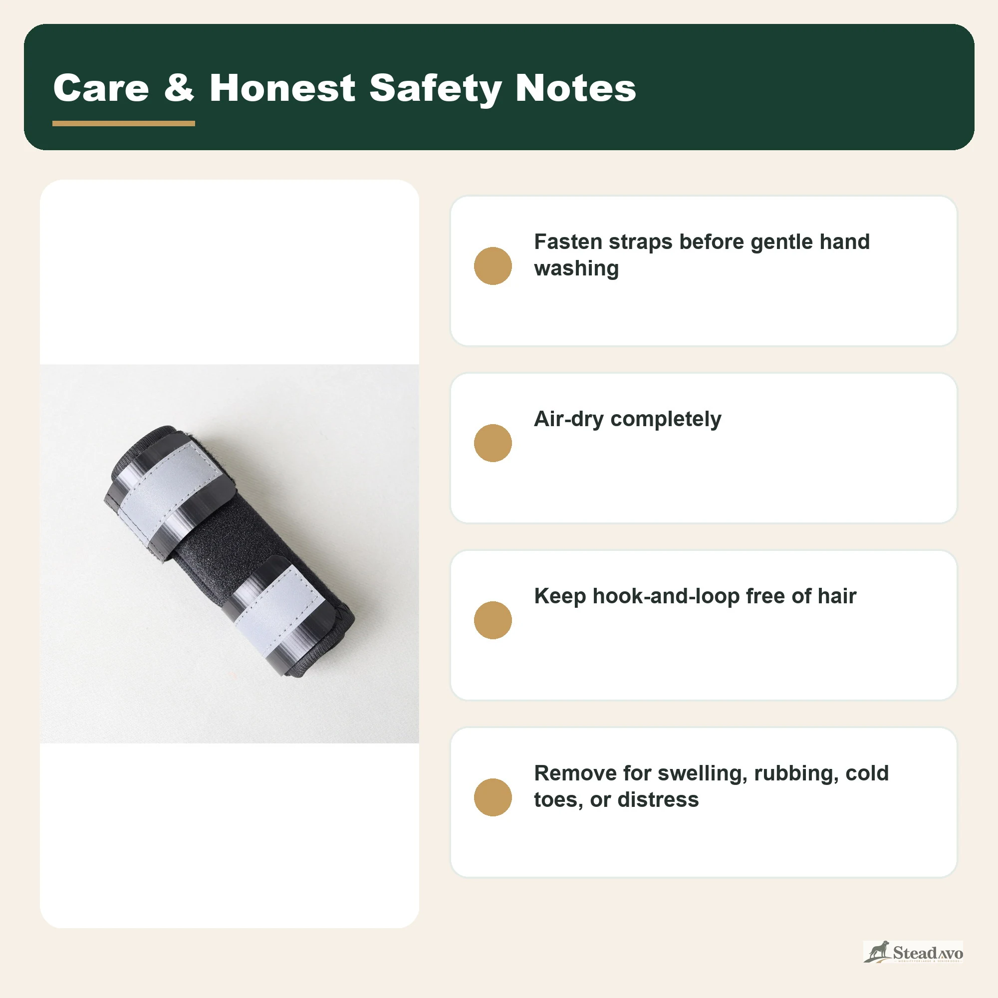 Care, skin checks and honest safety limits for the reflective dog leg wrap