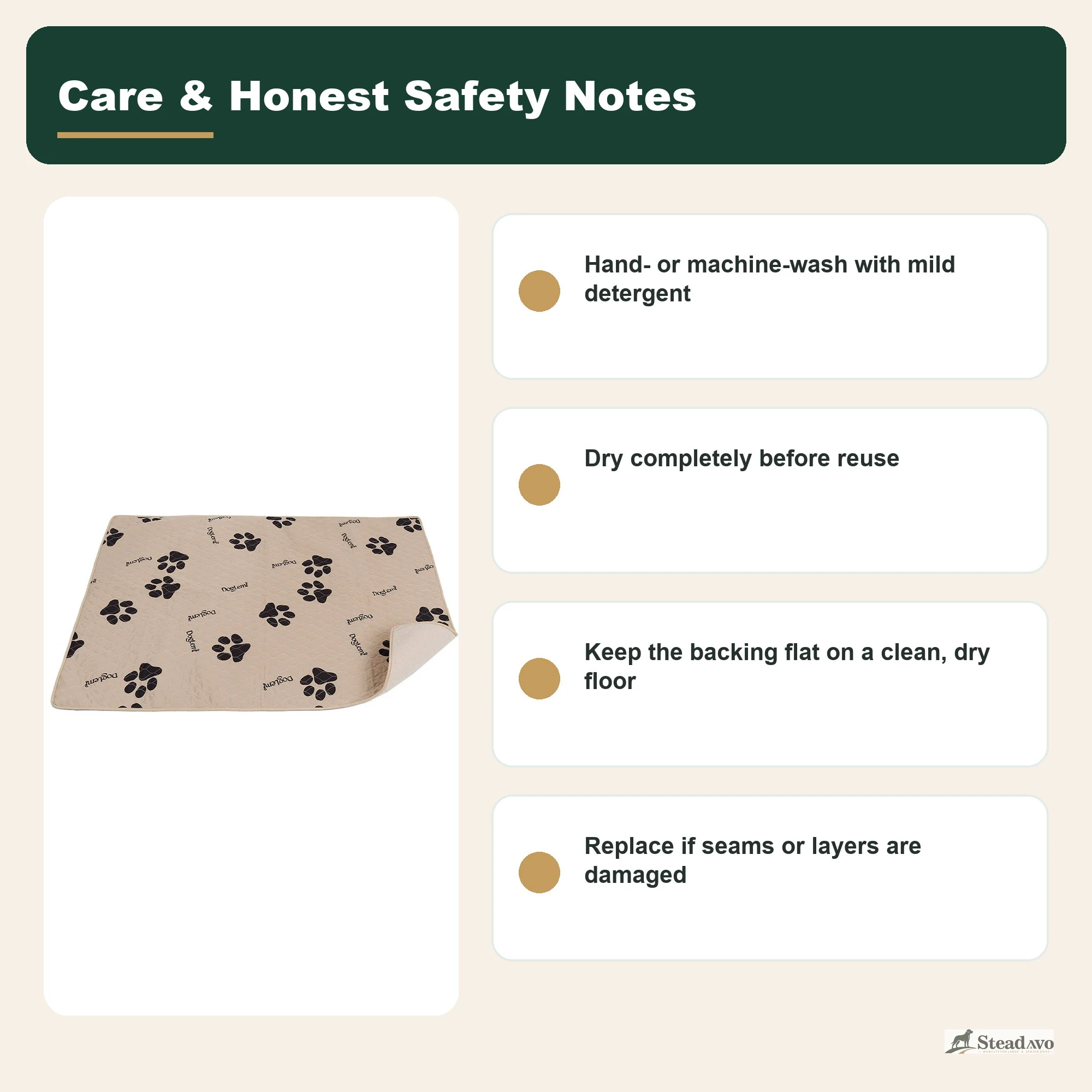 Care and safety guidance for the washable dog training pad