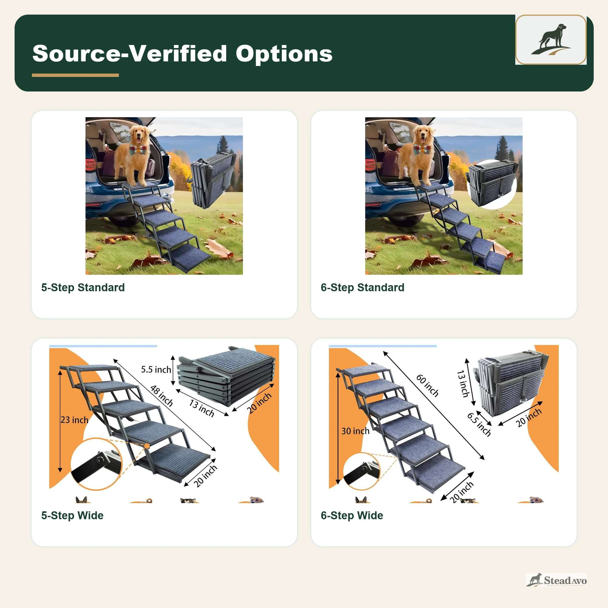 Five-step, six-step, standard and wide vehicle dog stairs configurations