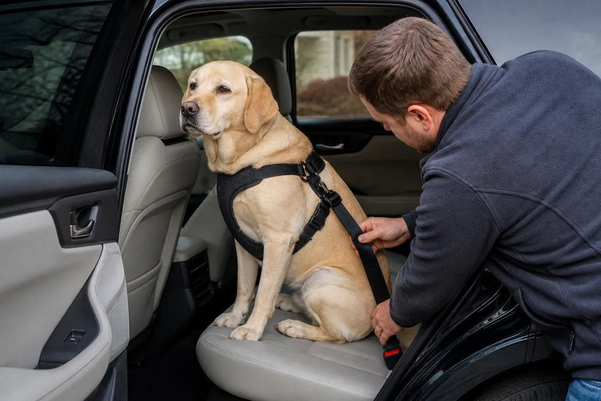 Owner checks the harness option in a dog car crate vs harness comparison inside a parked SUV