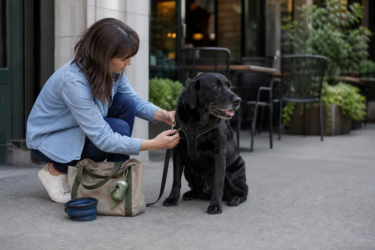 Owner clips a short leash to a large dog before practicing dog-friendly patio etiquette