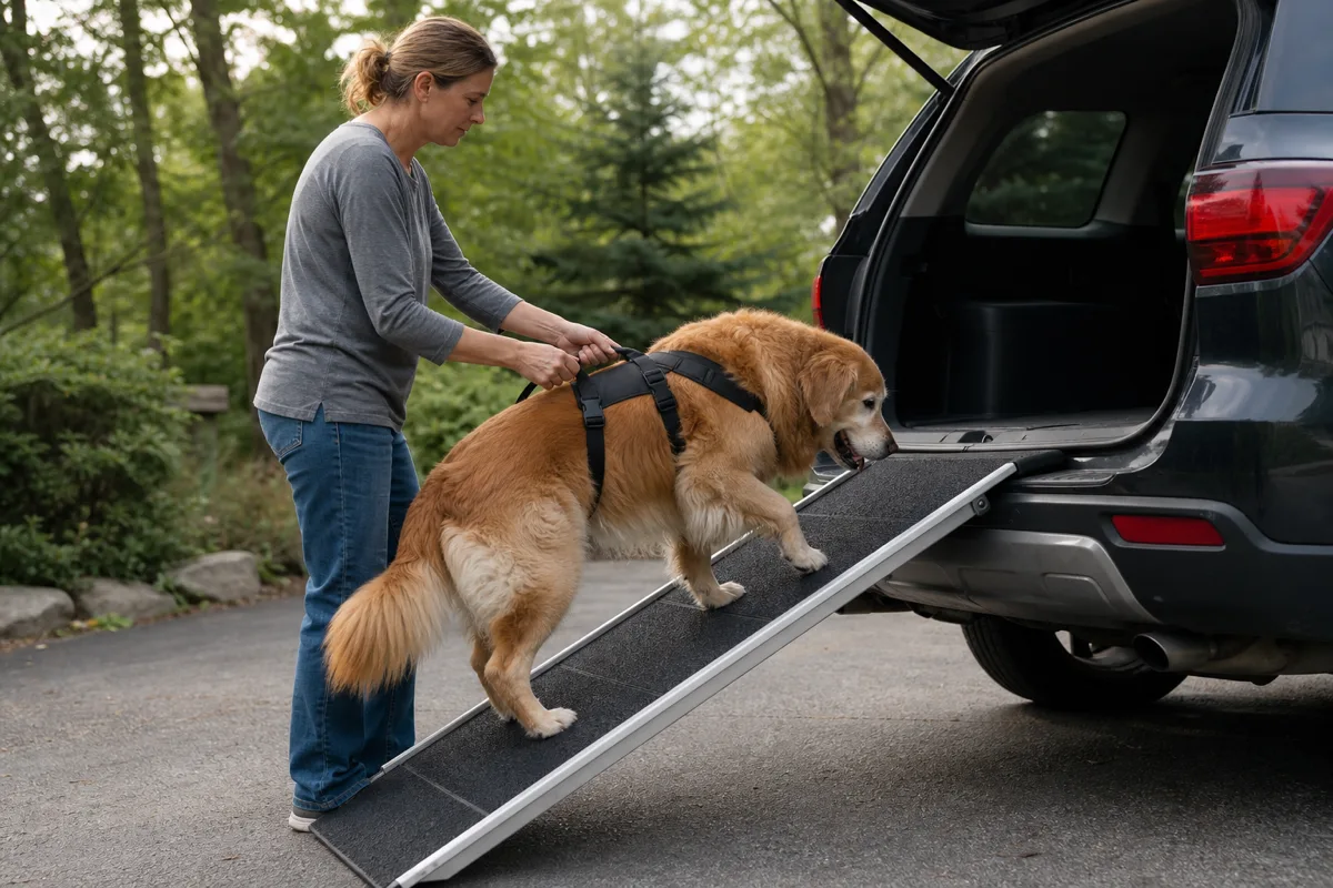 Large senior dog practicing a vehicle ramp for a dog emergency evacuation plan