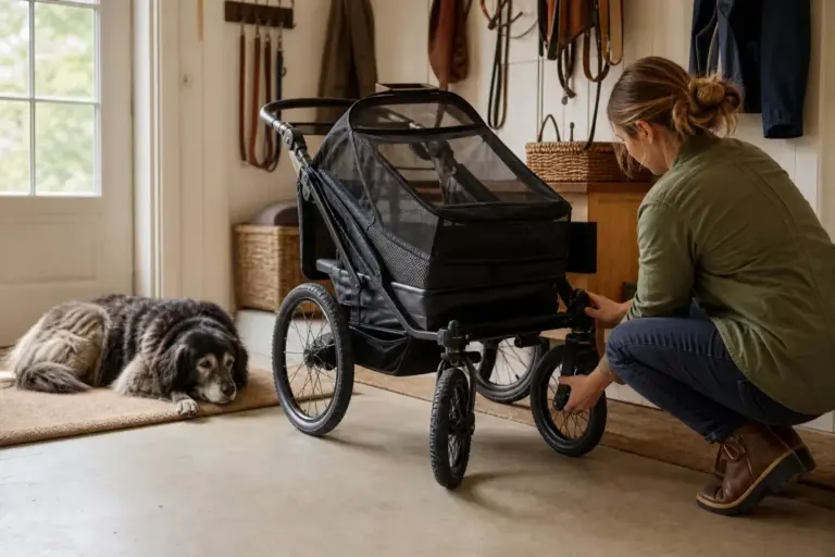owner and dog preparing a dog stroller brake test process