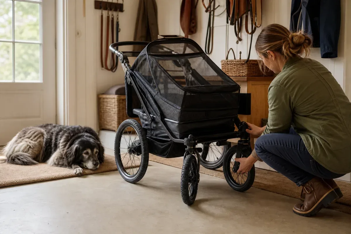 owner and dog preparing a dog stroller brake test process