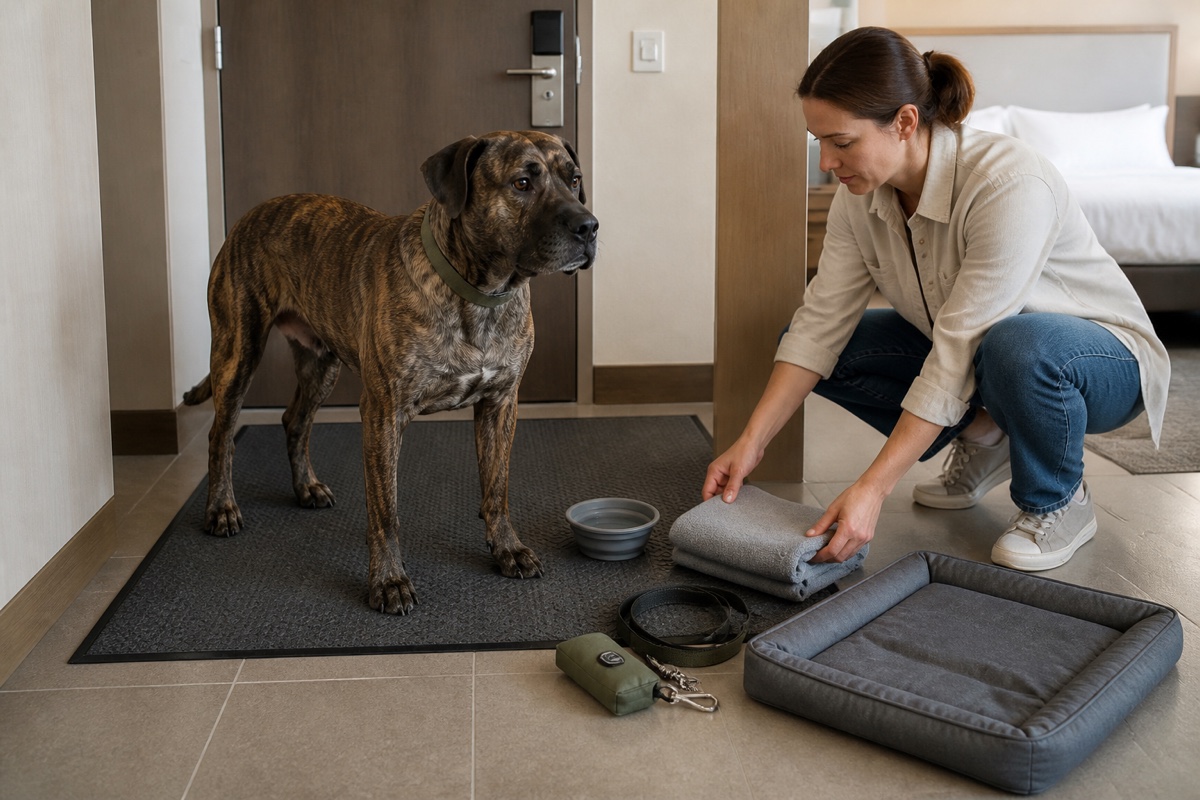 Hotel room setup for large dogs with a nonslip mat, bowl, leash, towel, and travel bed