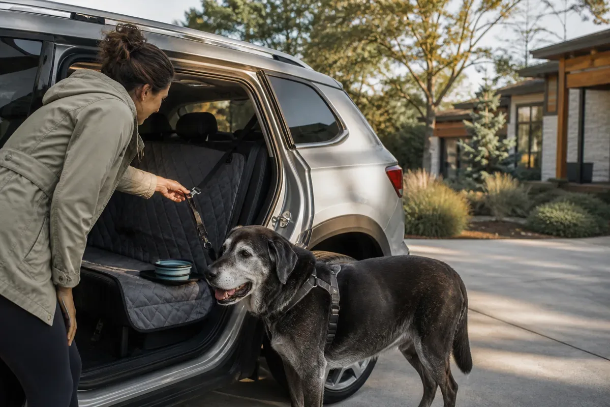 Owner checking a secured vehicle setup during large dog road trip planning