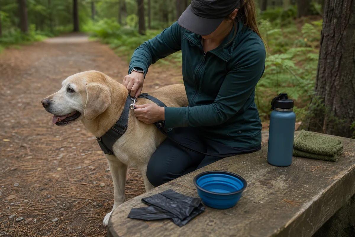 Leave No Trace with dogs starts with a standard leash, water, bowl, waste bags, and a practical trailhead check.