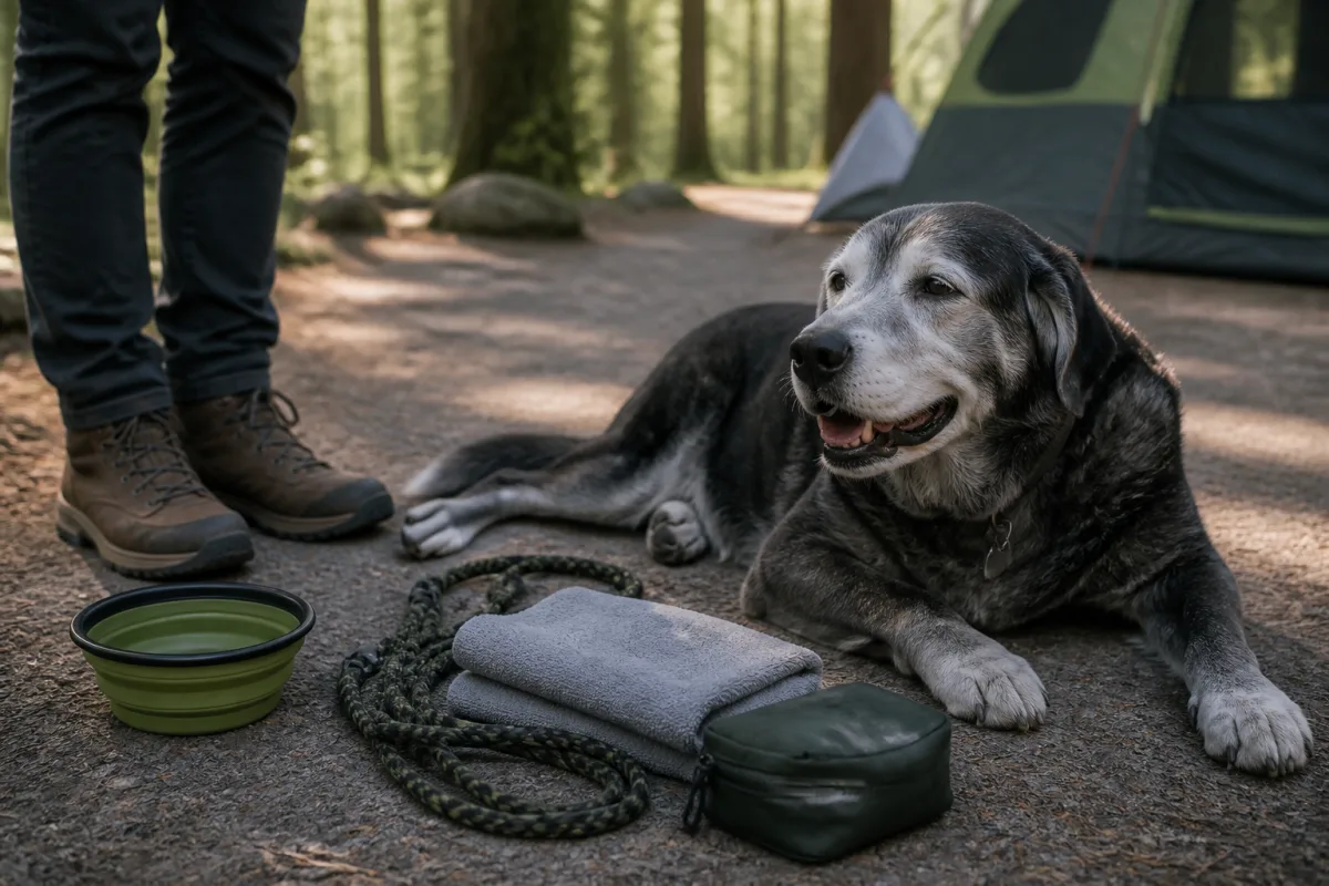 Large senior dog taking a rest break during a senior dog camping checklist plan