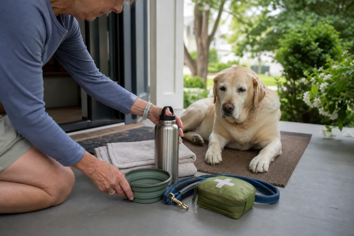 Senior dog heat safety supplies arranged on a shaded porch before a summer outing