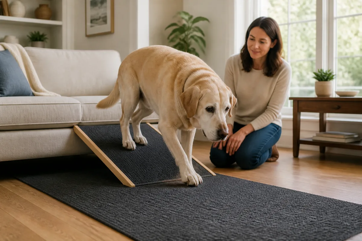 Senior dog using a stable home setup for a senior dog mobility routine