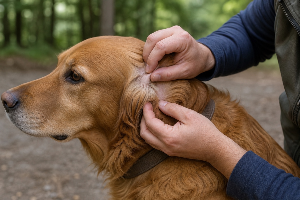 Owner performs a dog tick check after hiking behind a large dog’s ear