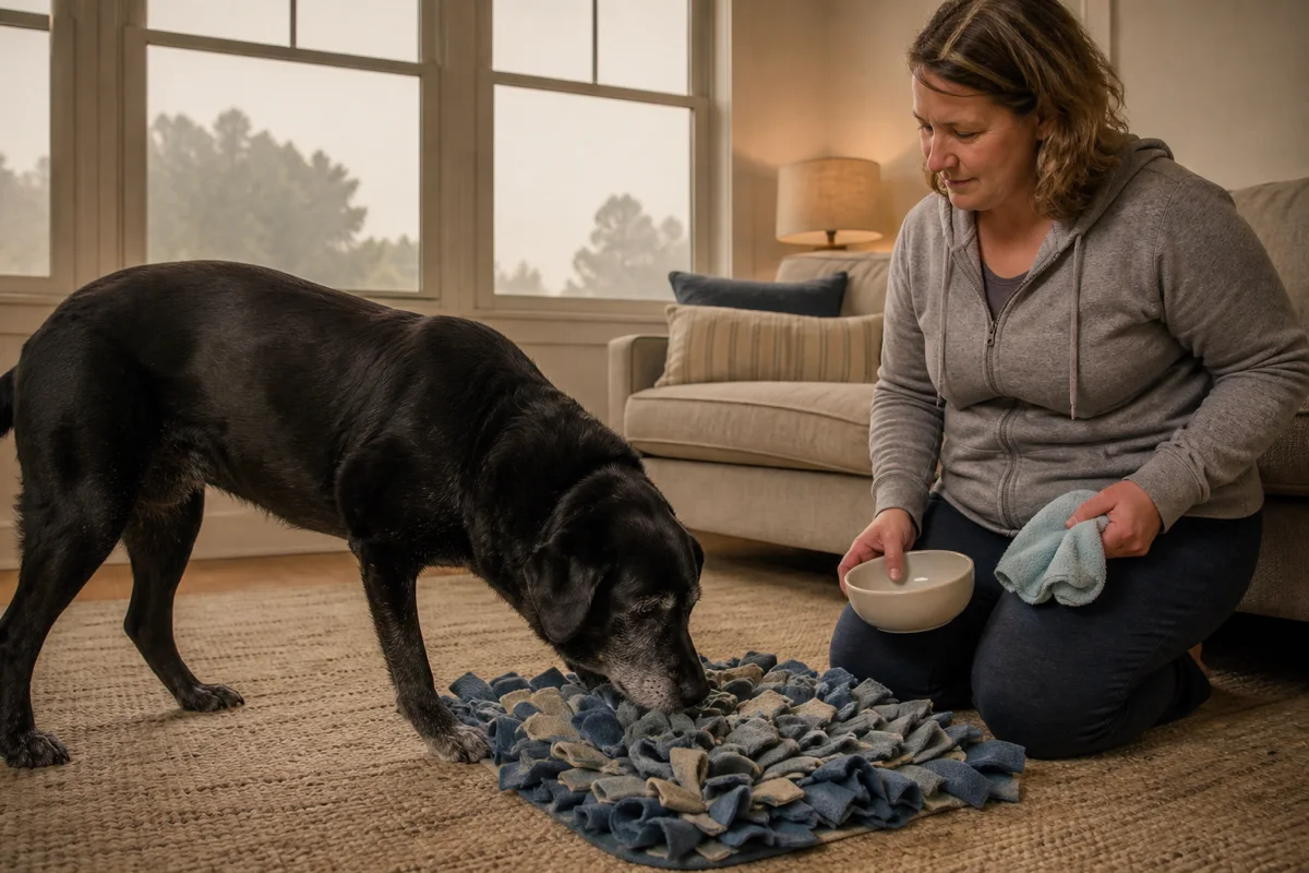 Wildfire smoke safety for dogs includes calm indoor enrichment with water available during poor air quality.